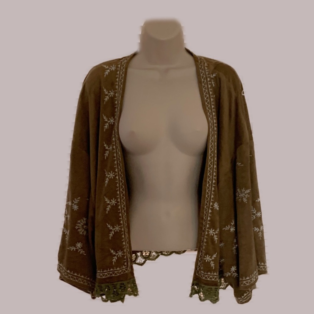 POL suede and lace brown embroidered cardigan - Picture 1 of 6